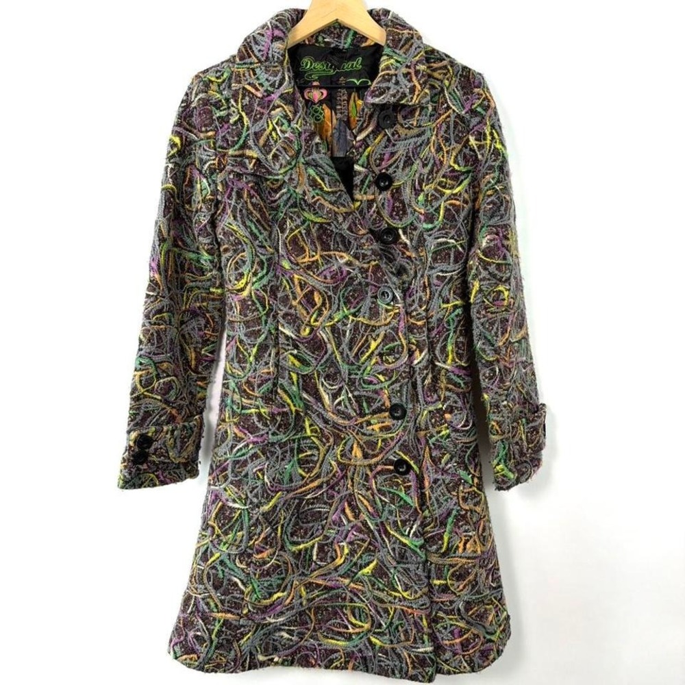 Desigual Wool‎ Blend Coat Colorful Abstract Embroidered Statement Jacket